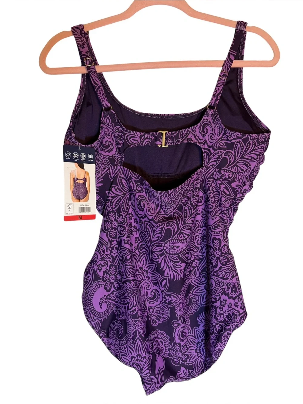 Lands’ End Purple Paisley One Piece Swimsuit Size M NWT UPF 50+ Adjustable